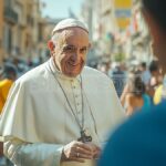 In Ajaccio, Pope Francis offers his blessing to the children and the faithful, while greeting a pizza on his route