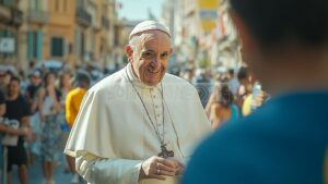 À Ajaccio, le Pape François offre sa bénédiction aux enfants et aux fidèles, tout en saluant une pizza sur son parcours