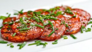 Délicieuse préparation de chorizo grillé accompagné de flageolets, carottes croquantes et éclats de parmesan