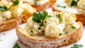 Savourez des tartines gourmandes de choux-fleurs marinés, agrémentées de comté râpé et de persil : l'en-cas parfait pour vos pauses !